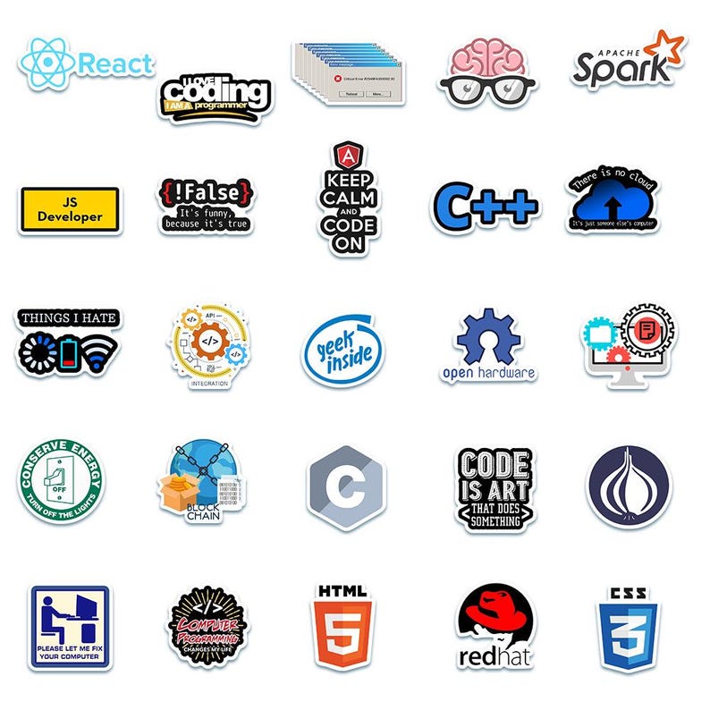 May include: A collection of twenty-five vinyl stickers featuring various programming and technology-themed designs, including logos for React, Apache Spark, C++, and HTML5, alongside humorous text-based slogans about coding and software development.