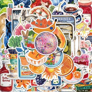May include: A collection of assorted stickers featuring illustrations of a disco ball, fruits, vegetables, a cat, a rabbit, a pizza, a cup of coffee, a tin of sardines, a bowl of cereal, a tomato ketchup bottle, and various floral patterns.