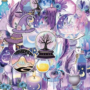 May include: A collection of stickers featuring purple and blue illustrations of witch hats, crystal balls with trees, crescent moons, lotus flowers, candles, feathers, potion bottles, mountains, and stars in a variety of shapes and sizes.