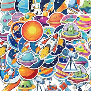 50PCS Hand Drawn Space Sticker Pack, Cartoon Stickers, Planet Stickers, Rocket Stickers, Astronomy Stickers for Journals, Notebooks, Kids