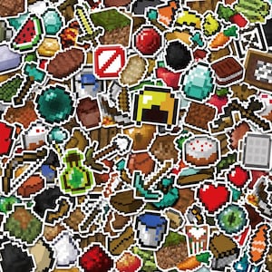 May include: A collection of pixelated stickers featuring various Minecraft-themed items, including a diamond, a golden helmet, a red heart, a bucket of water, a slice of watermelon, a carrot, a pickaxe, a sword, and a cake, all with white borders.
