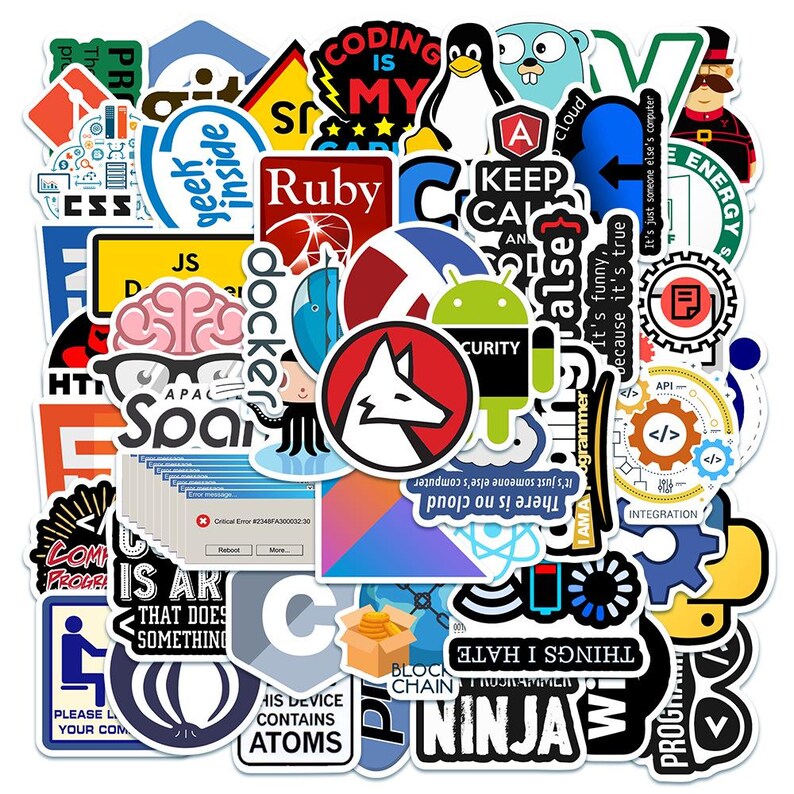 May include: A collection of multicolored vinyl stickers featuring various programming languages, software logos, and humorous tech-related text such as Coding is My Cardio, Ruby, Docker, and Critical Error, arranged in a dense, overlapping collage.