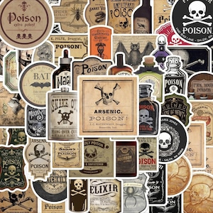 May include: A collection of vintage-style stickers featuring various poison and apothecary labels. The designs include illustrations of skulls, crossbones, bats, spiders, and potion bottles with text such as Poison, Arsenic, and Snake Oil.