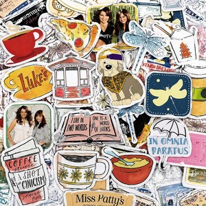 May include: A selection of vibrant stickers with diverse illustrations. The stickers depict a red coffee cup, a pizza slice, images of two women, a dog wearing a hat, a gazebo, a dragonfly, a coffee cup with floral patterns, and text that reads "Luke's" and "Coffee House A Shot of Cinicism".