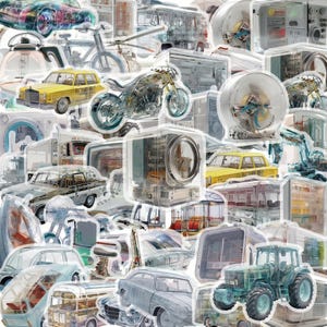 Pode incluir: Uma coleção de autocolantes com ilustrações transparentes e sobrepostas de vários veículos e máquinas, incluindo um táxi amarelo, uma mota, um trator, um autocarro e equipamento industrial, todos com uma estética translúcida.