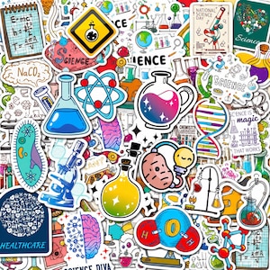 May include: A collection of science-themed stickers featuring colourful illustrations of laboratory glassware, beakers, flasks, microscopes, DNA strands, atomic models, chemical formulas, and brain diagrams with text including Science, Science is magic, and Healthcare.