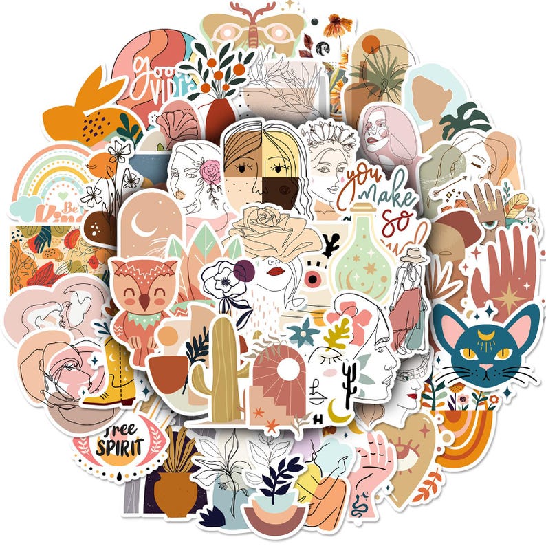50PCS Boho Aesthetic Sticker Pack, Abstract Minimal Line Art Vinyl ...