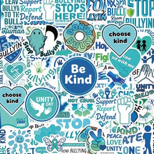 May include: A collection of blue and white anti-bullying stickers featuring various designs including hearts, a donut, a dove, and text such as Be Kind, Unity Day, Choose Kind, and Support Report Defend, all centred around themes of kindness and unity.
