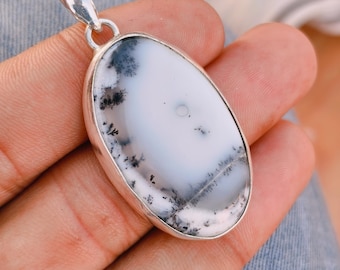 Dendritic Agate Oval Pendant, Sterling Silver Statement Necklace, Natural Gemstone Jewelry