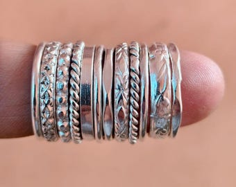 Set of 12 Sterling Silver Stackable Rings | Minimalist Boho Knuckle Bands