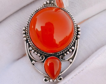 Handmade Carnelian Pendant Necklace, 925 Sterling Silver, Boho Orange Gemstone Jewelry