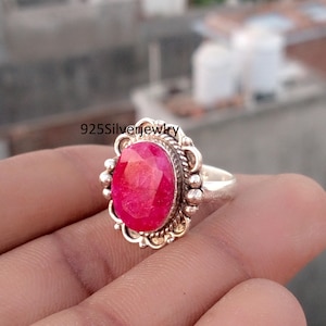 Oval Pink Rubin Statement Ring, 925 Sterling Silber, Vintage Boho Edelstein Schmuck