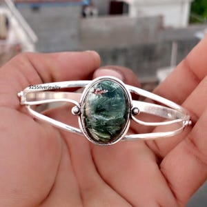 Armband i sterlingsilver med naturlig serafinit, armband i grön ädelstenskristall