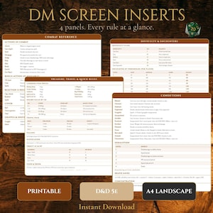 May include: A digital DM screen insert with four panels, featuring combat reference, treasure, travel, quick rules, difficulty, encounters, and conditions. The text includes "DM Screen Inserts" and "4 panels. Every rule at a glance." The image also includes the text "Printable", "D&D 5E", and "A4 Landscape".
