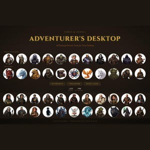 May include: A dark brown graphic featuring the text "ADVENTURER'S DESKTOP" and 44 fantasy portrait icons. The icons are arranged in rows and include various characters and creatures. The image also includes the text "FORGE & SCROLL".