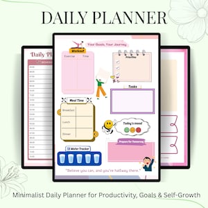 Può includere: Un'agenda giornaliera minimalista con cornice nera, con sezioni per la programmazione, gli allenamenti, gli orari dei pasti e l'assunzione di acqua. L'agenda include il testo "Daily Planner" e "Your Goals, Your Journey."