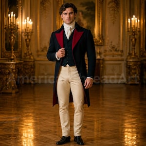 May include: A formal ensemble featuring a dark navy tailcoat with contrasting deep red lapels, a dark green waistcoat, a white cravat, and cream-coloured trousers. The outfit is completed with black dress shoes, presenting a structured, layered look.