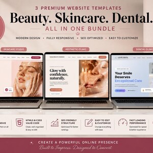 Könnte beinhalten: Drei Laptops mit Website-Vorlagen für Beauty-, Hautpflege- und Zahnarzt-Dienstleistungen. Der Text umfasst 3 PREMIUM WEBSITE TEMPLATES, Beauty. Skincare. Dental. ALL IN ONE BUNDLE sowie Beschriftungen für Skincare Studio, Aesthetic Clinic und Dental Clinic.