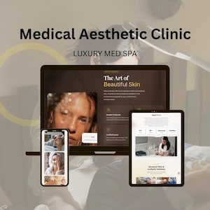 May include: A digital display of a medical aesthetic clinic's website on a laptop, tablet, and smartphone. The text on the screen reads "Medical Aesthetic Clinic" and "The Art of Beautiful Skin."