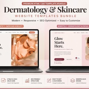 May include: A digital bundle of two premium HTML CSS website templates for dermatology and skincare. The display shows two laptop screens featuring landing pages with text including Glow with confidence, naturally and Glow Starts Here.