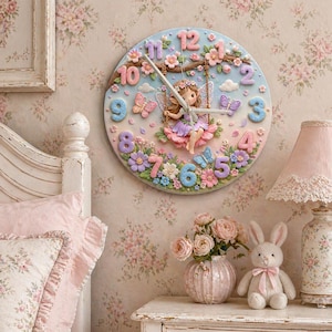 Enchanted Fairy Swing Kids Room Wall Clock | Pastel Floral Butterfly Nursery Decor, Magical Girl Bedroom Keepsake (13.6 inch / 34.5 cm)