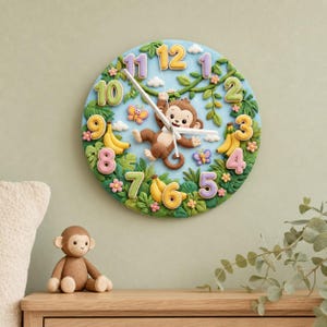 Puede incluir: Un reloj de pared redondo con fondo azul claro que muestra un mono marrón, plátanos amarillos, mariposas coloridas y hojas verdes. Los números del 1 al 12 están en relieve y son multicolores. El reloj tiene manecillas blancas.