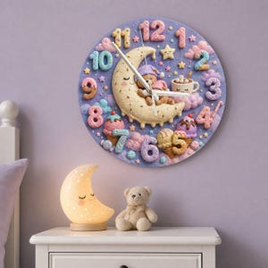 Pastel Sweet Dreams Bear Kids Room Wall Clock | Moon And Stars Whimsical Nursery Decor, Cute Baby Girl Shower Gift (13.6 inch / 34.5 cm)
