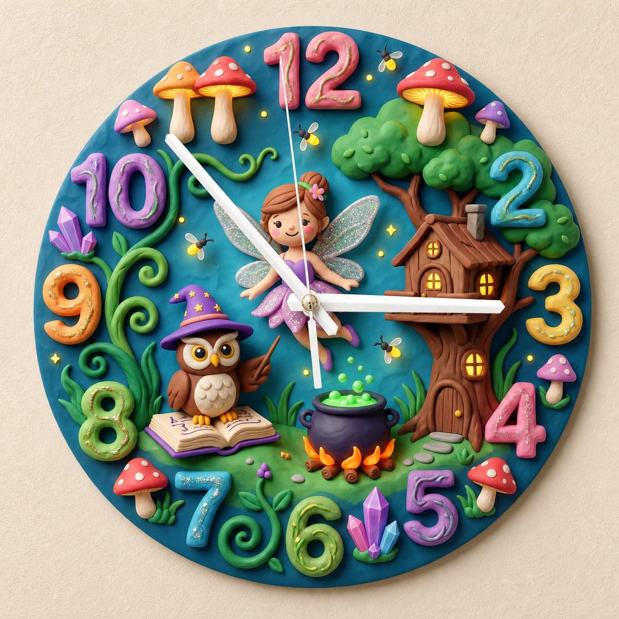 Enchanted Fairy & Wizard Owl Kids Room Wall Clock | Magical Forest Nursery Decor, Whimsical Baby