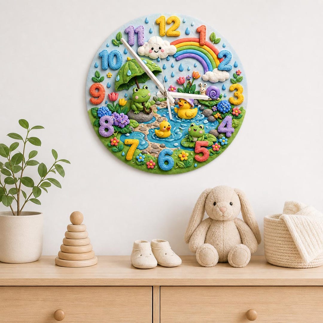 Springtime Frog & Duck Pond Kids Room Wall Clock | Rainbow Nursery Wall ...