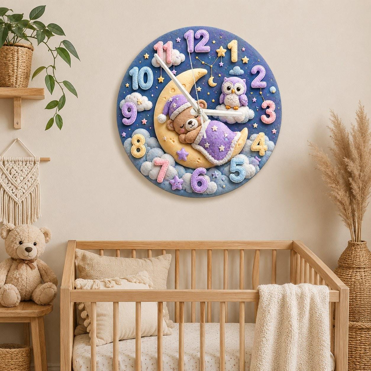 Sleeping Bear and Owl Kids Room Wall Clock | Pastel Starry Night Nursery Decor, Baby Shower Gift For