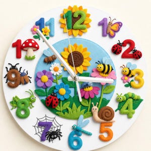 May include: A round wall clock featuring a white face with colorful felt numbers from one to twelve. Each number is decorated with garden-themed elements including insects like ladybugs, bees, a spider, a snail, and a dragonfly, alongside flowers and a mushroom.