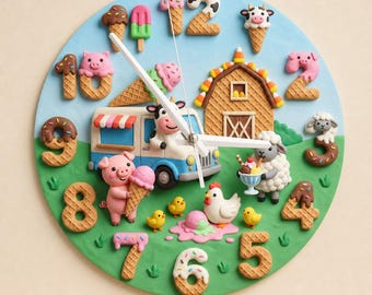 Sweet Ice Cream Farm Animals Kids Room Wall Clock | Playful Nursery Decor, Whimsical Baby Shower Birthday Gift Idea (13.6 inch / 34.5 cm)