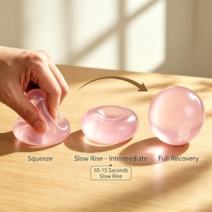 May include: A translucent pink sphere demonstrating a slow-rise effect. The sequence shows a squeezed state, a flattened intermediate state, and a full recovery state. Text labels include Squeeze, Slow Rise - Intermediate, Full Recovery, and 10-15 Seconds Slow Rise.