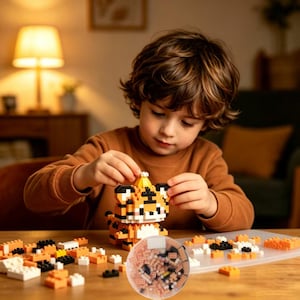 May include: A child is assembling a tiger figurine made of small, colorful building blocks. The tiger is orange, black, and white, with a yellow crown. Scattered blocks and a clear container filled with blocks are on the wooden table.