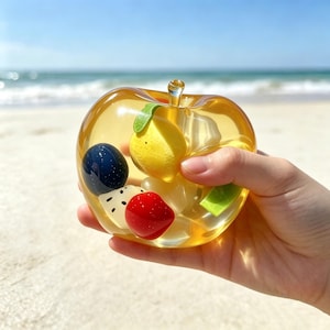 May include: A clear, amber-colored apple-shaped paperweight made of resin. Inside the transparent apple are embedded miniature fruit shapes, including a yellow lemon, a dark blue berry, a red cherry, and a white piece of dragon fruit.