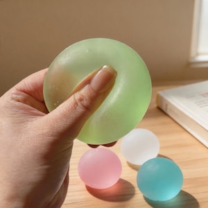 May include: A hand holds a translucent green stress ball with a circular shape. Three smaller, solid-coloured spheres in pink, white, and blue are below. The objects are on a wooden surface, with a book visible in the background.