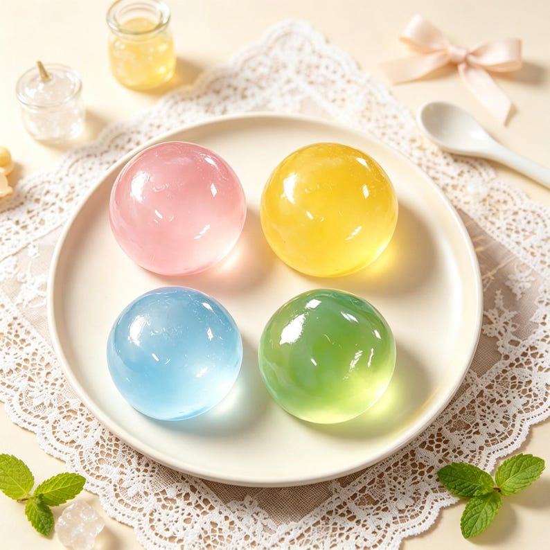 May include: Four translucent, spherical jelly desserts in pink, yellow, blue, and green colors are arranged on a round, cream-colored plate. The smooth, glossy surfaces of the spheres reflect light, creating a bright and clear appearance.