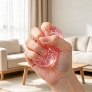 May include: A translucent, circular pink stress ball made of a soft, squishy gel material. The object is being compressed, showing its flexible texture and clear, jelly-like consistency. It features a smooth, rounded surface with subtle indentations.
