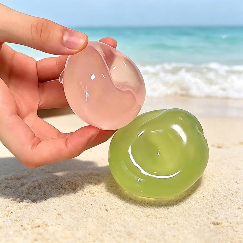 May include: Two smooth, translucent, rounded objects with a jelly-like appearance. One object is a soft pastel pink, and the other is a light lime green. Both items have a glossy, reflective surface and a slightly irregular, organic shape.
