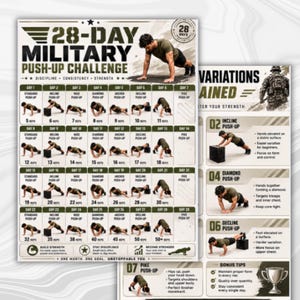 May include: A 28-day military push-up challenge workout chart featuring a daily exercise schedule, illustrated push-up variations, and instructional text. The poster includes a 28-day calendar, technique guides for incline, diamond, decline, and pike push-ups.