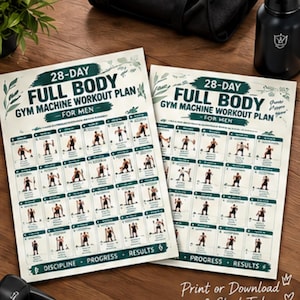 Op de afbeelding: Twee witte papieren trainingsschema's met de titel 28-DAY FULL BODY GYM MACHINE WORKOUT PLAN FOR MEN. Elk schema bevat een raster met kleine illustraties van diverse oefeningen, donkergroene accenten en de woorden DISCIPLINE, PROGRESS, RESULTS.
