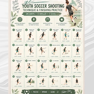 Pode incluir: Um cartaz de treino de futebol juvenil intitulado Youth Soccer Shooting Technique & Finishing Practice para 28 dias. Inclui ilustrações de um jogador de futebol, exercícios numerados e o texto Better Skills Bigger Dreams.
