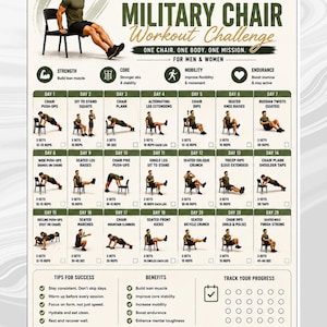 May include: A 28-day military chair workout challenge chart featuring a daily exercise schedule with illustrations of a person performing various movements using a chair, including strength, core, mobility, and endurance goals with a progress tracker.