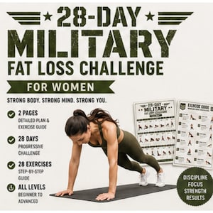 Reto militar de 28 días para perder grasa, plan de entrenamiento con peso corporal, póster de entrenamiento militar en PDF, entrenamiento para bajar de peso en el ejército, entrenamiento en casa sin equipo.