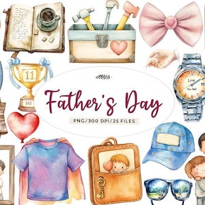 Op de afbeelding: Een verzameling aquarelillustraties voor Vaderdag met een rugzak, open boek, gereedschapskist, vlinderdassen, trofee, horloge, camera, ontbijtplateau, houten bord met tekst, hartvormige ballon, t-shirt, pet, zonnebril en familieportretten.
