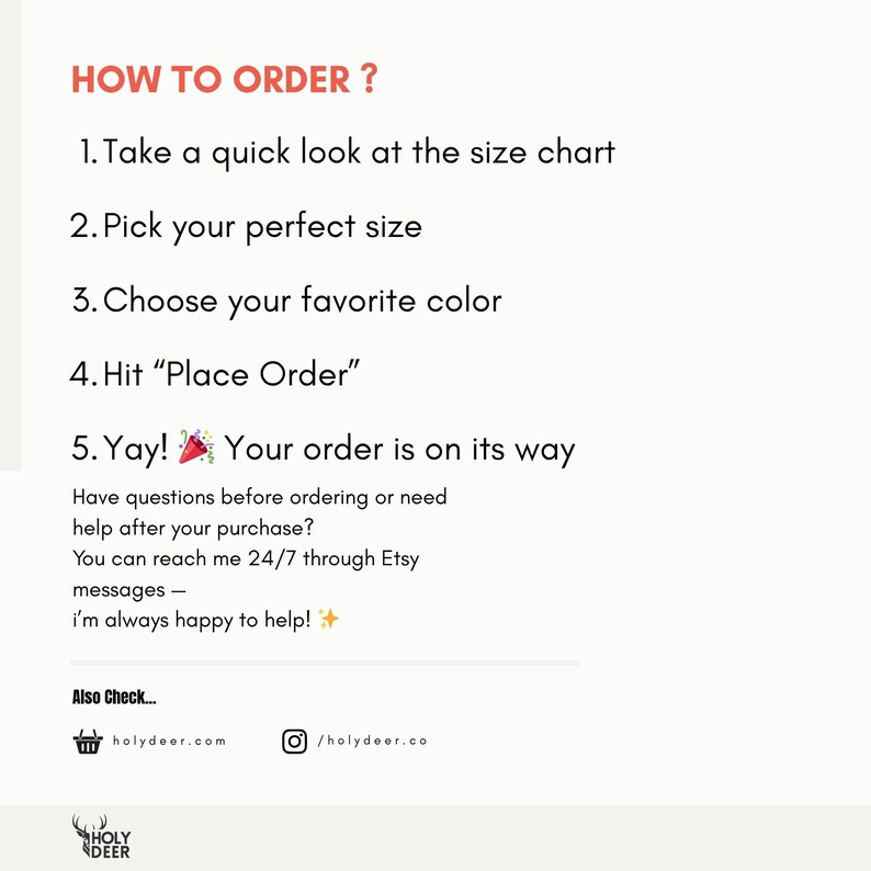 May include: Text graphic with instructions on how to order, including steps to review the size chart, select a size and color, and place an order. The text also provides contact information for customer support.
