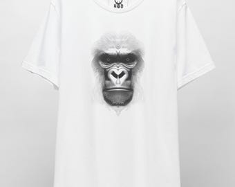 Gorilla Graphic Tee - King Kong T-Shirt Line Art Silhouette - Hypnotic Gorilla Top - White Aesthetic Geometric Animal Streetwear by HolyDeer