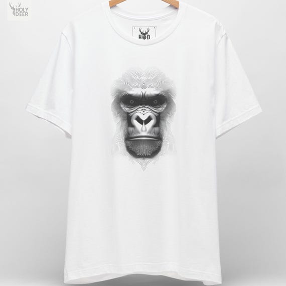 Gorilla Graphic Tee - King Kong T-Shirt Line Art Silhouette - Hypnotic Gorilla Top - White Aesthetic Geometric Animal Streetwear by HolyDeer