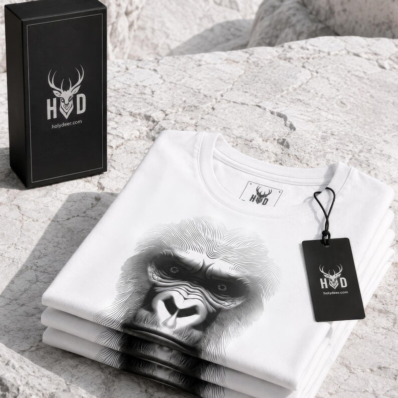gorilla graphic tee in white with a sharp, minimalist line art ape design on the front. The shirt represents a sophisticated urban lifestyle and is part of the HolyDeer collection, designed for those who appreciate premium silverback apparel.