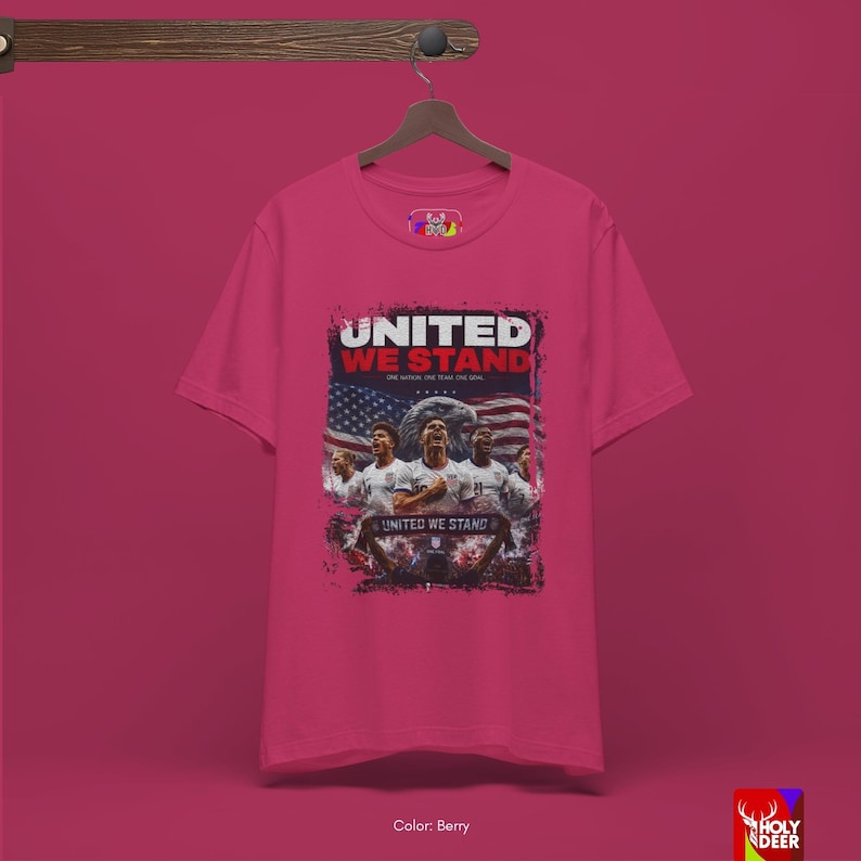 Back and side view of the black shirt to show the tailored fit and quality construction of this HolyDeer garment. The United We Stand shirt is marketed toward an audience that values exclusivity and soccer history.
